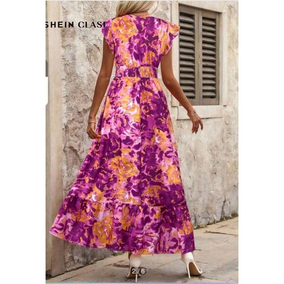 SHEIN Women’s L Classic Surplice V-Neck Maxi Dress in Dopamine Orange/Purple Flo - Picture 2 of 8